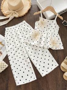 Genkimix Kids 2 Stücke Set für Kleine Mädchen mit schwarzem & weißem Punkt-Muster, 3D-Blumen-Camisole-Top und langer Hose, Mädchen-Punkt-Outfit, Mädchen-Set, elegantes modisches weiches feminines Sommer-Sonnen-2 Stücke-Set für Kinder - Weiss - Übersicht 2