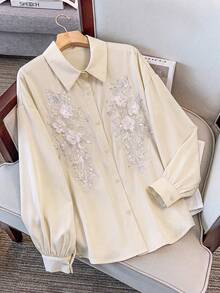 GlowEve CURVE 大尺碼優雅亮片刺繡水鑽燈籠袖上衣 秋季 - 杏色 - 查看 5