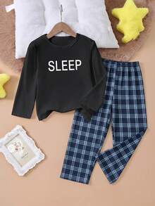 SHEIN Tween Boy Letter Print Top & Plaid Pants Loungewear - Black - View 4