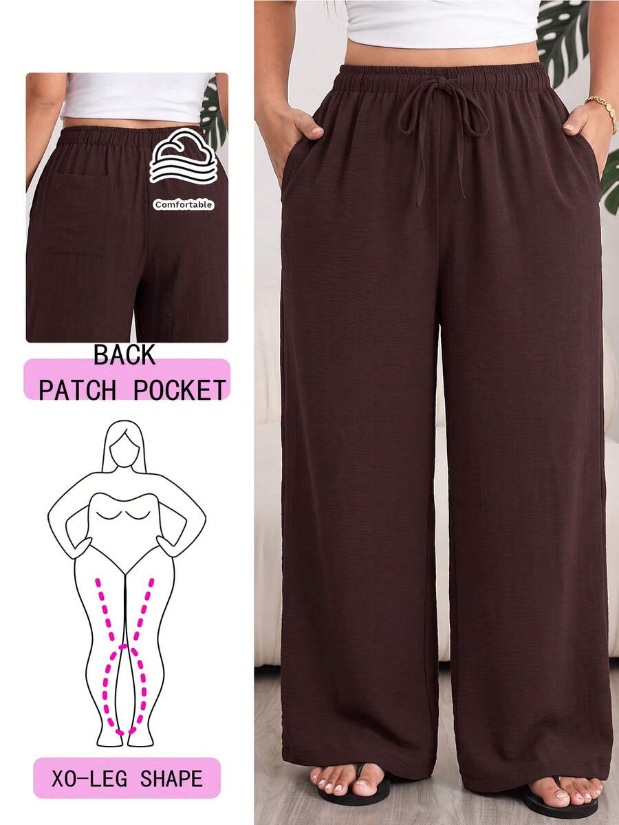 Solflare Plus Size Solid Color Casual Drawstring Waist Pocket Loose Long Pants - Coffee Brown - View 1