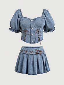 Sweetra Women's Plus Size Tie-Front Petal Sleeve Cropped Denim Top, Summer - Light Wash - View 5
