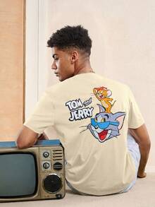 TOM & JERRY X SHEIN 夏季男士1件休閒印花短袖T恤，圖案為卡通與文字 - 黃色 - 查看 1