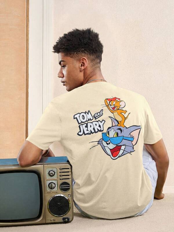 TOM & JERRY X SHEIN Men 1pc Casual Cartoon And Letter Printed Short Sleeve T-Shirt For Summer