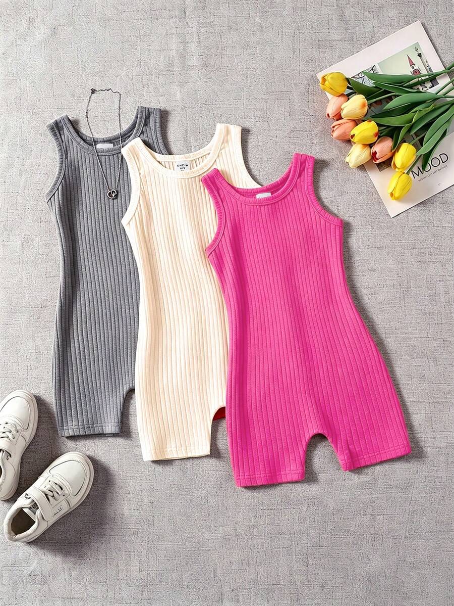 SHEIN 女童羅紋無袖連身褲 3色休閒運動旅行套裝 - 彩色 - 查看 1