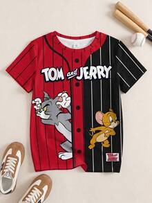 TOM & JERRY X SHEIN Áo thun ngắn tay cổ tròn phối màu kẻ sọc và hoạt hình dành cho bé trai tuổi teen - trắng - Xem 1