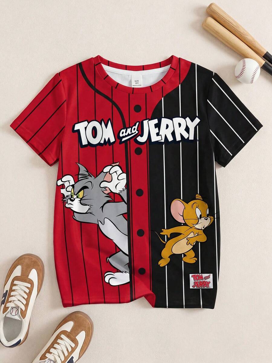 TOM & JERRY X SHEIN Áo thun ngắn tay cổ tròn phối màu kẻ sọc và hoạt hình dành cho bé trai tuổi teen - trắng - Xem 1