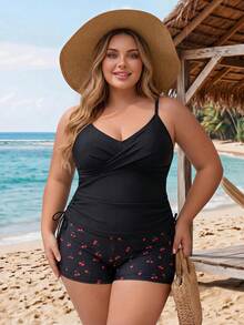 SHEIN CURVE+ 2026Plus Size Floral Print Tankini Swimwear - Black - View 3