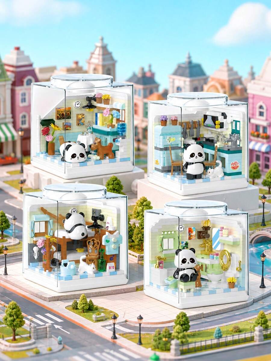 POKOJA LAND Cute Panda House Mini Landscape Building Blocks, Panda Living Room Kitchen Bedroom Bathroom DIY Bricks Set, Desktop Ornament, Perfect Holiday Gift - Multicolor - View 1