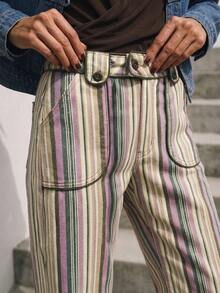 Nöista Multicolour Vertical-Stripe Wide-Leg Trousers With Front Patch Pockets. Everyday Outfits, Casual, College, Day-To-Night, Fall, Autumn, Winter. - Pink - View 9