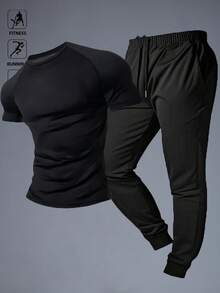 Gym Rark Gym Men's Round Neck Short Sleeved T-Shirt And Drawstring Pocket Sports Pants Set, Suitable For Fitn - Black - View 1