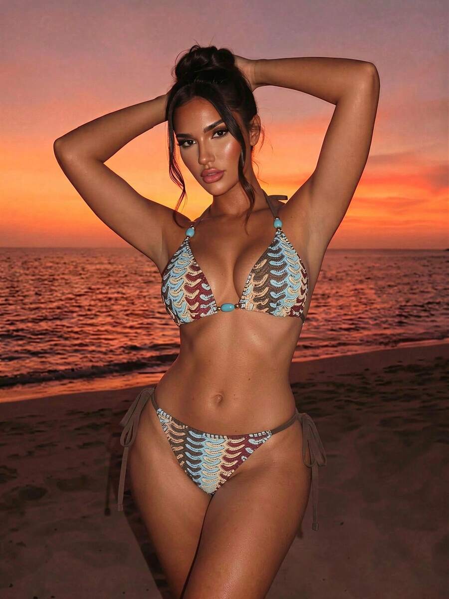 Swim SXY 夏季海灘女款性感掛脖三角比基尼上衣與側綁帶比基尼褲套裝 - 彩色 - 查看 1