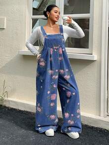 Dazy Plus Floral Pattern Vintage Washed Denim Overalls Plus Size Women Spring Summer Autumn Denim Jumpsuit School - Medium Wash - View 4