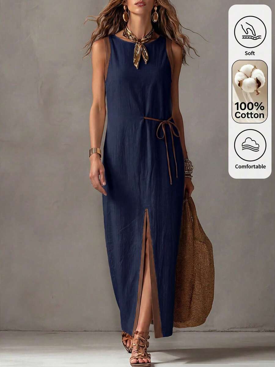 SHEIN Damen Farbblock Split Design Lässig Alltag Sommer Maxikleid - marineblau - Übersicht 1