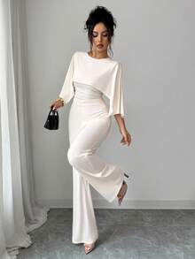 Elenzga Women's French Elegant Apricot Cape-Style Spliced High Waist Wide Leg Jumpsuit - Apricot - View 4