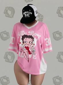Betty Boop x SHEIN Plus Size Women's Letter Cartoon Print V-Neck Drop Shoulder Casual T-Shirt - Pink - View 1
