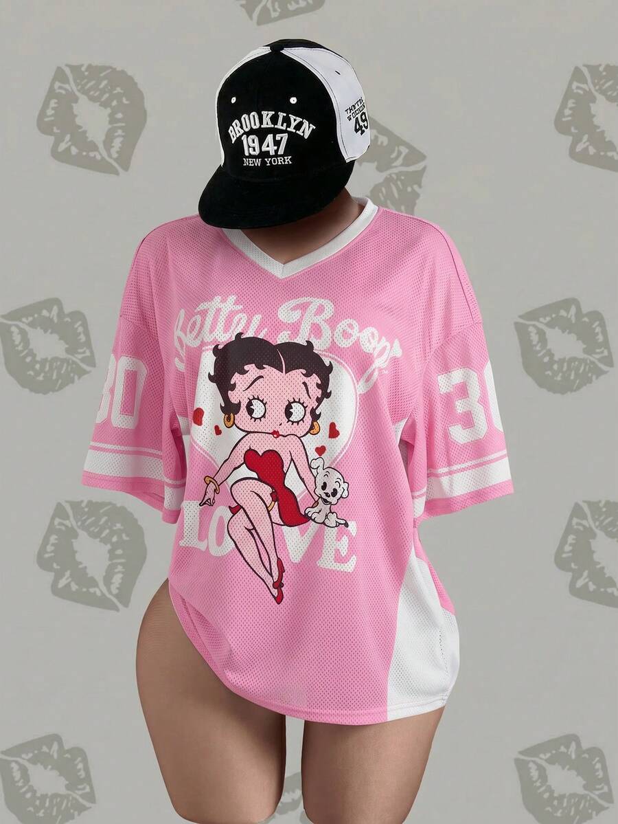 Betty Boop x SHEIN Plus Size Women's Letter Cartoon Print V-Neck Drop Shoulder Casual T-Shirt - Pink - View 1