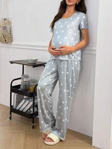 Moonlight&Mama Spring/Summer Fashion Light Gray & White Contrast Heart Print Short Sleeve Long Pants Maternity Pajama Set - Grey - View 5