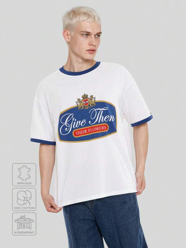 FORM&CHAOS Camiseta de verano para hombre con gráfico blanco y contraste de color en el ribete