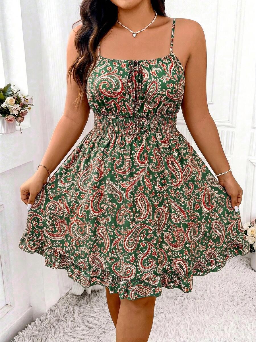 Elenzga Plus Ditsy Floral Print Tie Front Ruffle Hem Cami Dress Vacation Beach Outfits Women - Green - View 1