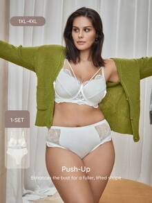 Bralution Solid Color Lace Comfortable Daily Underwire Molded Cup Support Fabric Patchwork Plus Size Lingerie Set Summer - White - View 3