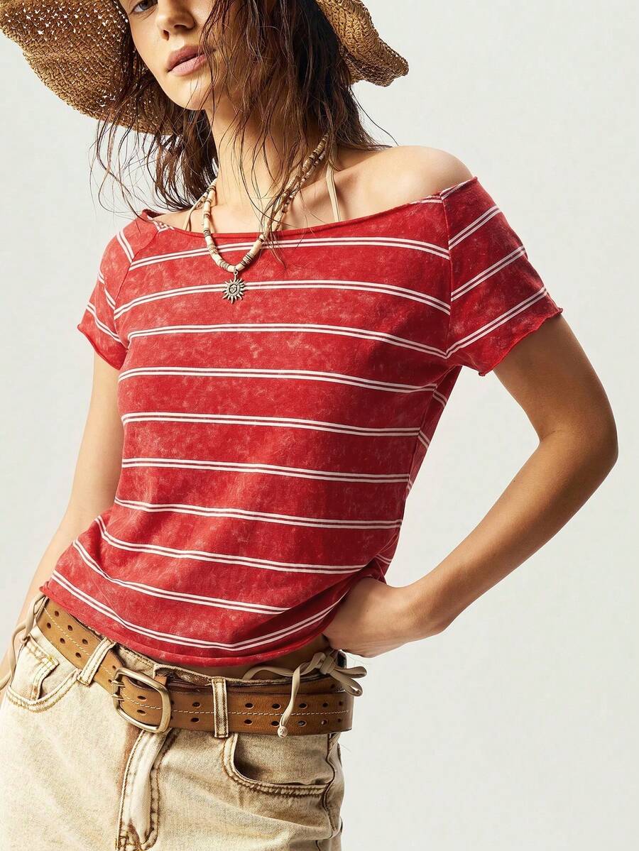 Bohemela Solid Color Knitted Boat Neck Fitted Washed Women's T-Shirt - Red - View 1