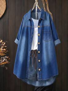 EMERY ROSE Áo khoác denim nữ size lớn tay dài cài nút đơn phong cách thường ngày thập niên 90 có túi màu xanh navy cho hẹn hò, du lịch, mùa thu - Màu xanh lam - Xem 3