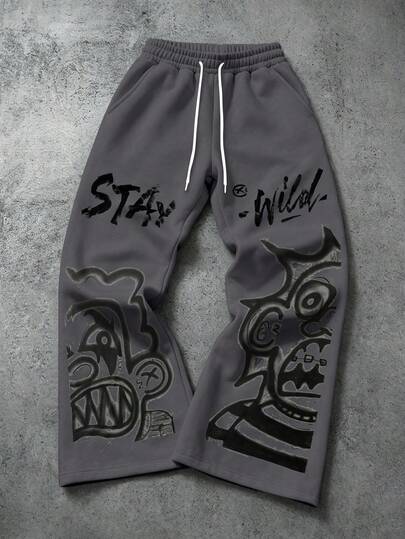 Manfinity EMRG Men's Y2K Dark Gray Wide Leg Sweatpants, Gothic Abstract Graffiti Monster Letter Print Streetwear Drawstring Loose Long Pants, Spring/Summer Vacation Music Festival Party Club Casual Sports Bottoms