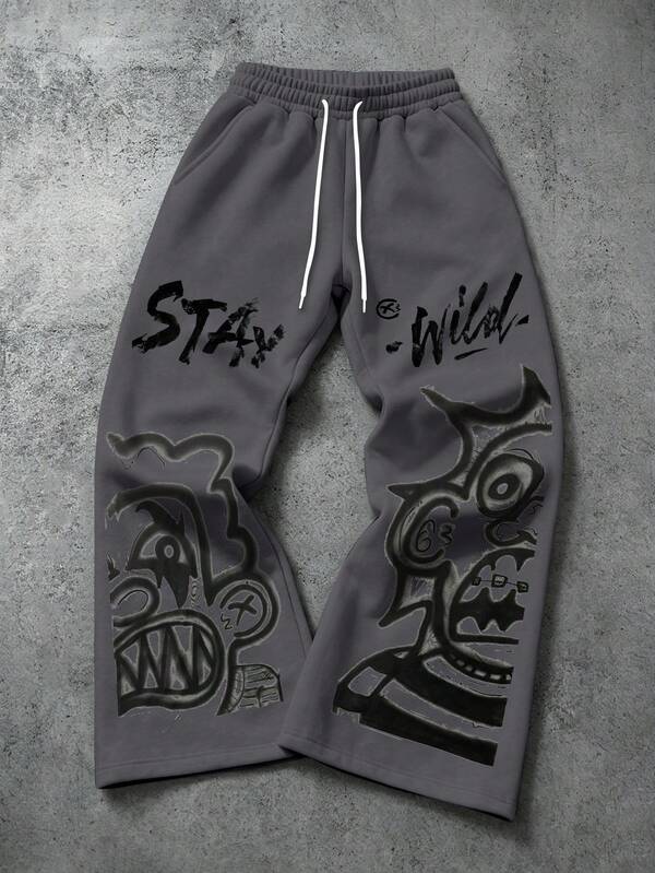 Manfinity EMRG Men's Y2K Dark Gray Wide Leg Sweatpants, Gothic Abstract Graffiti Monster Letter Print Streetwear Drawstring Loose Long Pants, Spring/Summer Vacation Music Festival Party Club Casual Sports Bottoms