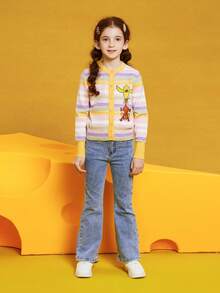TOM & JERRY X SHEIN Tween Girl Cartoon Animal Stripe Print Round Neck Cardigan - Multicolor - View 9