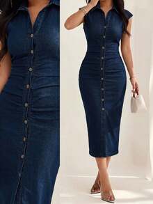 SHEIN PETITE 女款短袖單排扣百褶修身時尚牛仔洋裝 - 深色水洗藍 - 查看 10