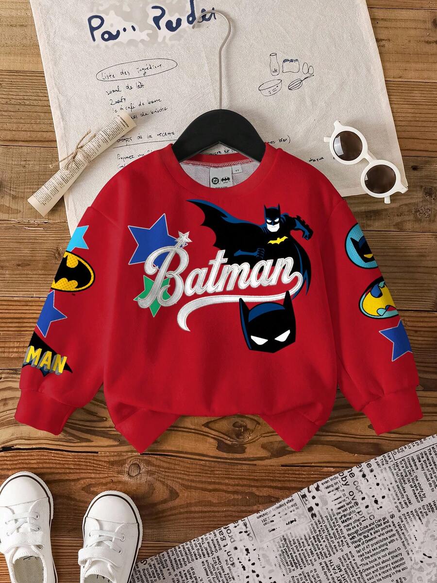 BATMAN X SHEIN 小男孩字母印花圓領長袖休閒運動衫 - 白色 - 查看 1
