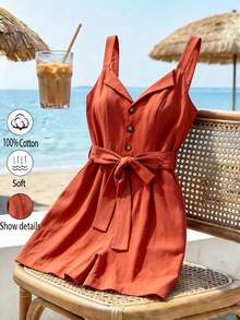 SHEIN LUNE CURVE 大尺碼女款素色腰綁帶休閒日常連身褲 - 鏽棕色 - 查看 3