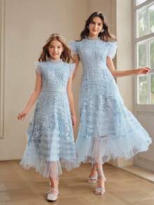 Anewsta Girls' Spring/Summer New Light Blue Lace A-Line Dress, Short Sleeve Tween Girl' Dress - Blue - View 3