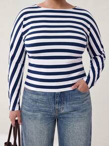 Solavibe Plus Size Navy Blue Colorblock Long Sleeve Casual Traditional T-Shirt, Ribbed Tops For Women, Blue White Stripe, Blouses Autumn Beach Formal Fall - Blue - View 9