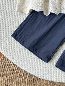 SHEIN Vintaside Kids 女童純色背心上衣與長褲兩件套，休閒度假穿搭 - 藍色 - 查看 7