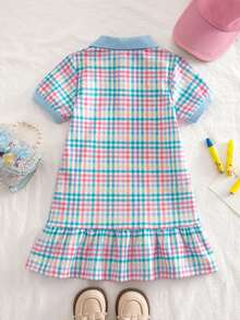 Emery Rose Kids 兒童小女孩度假休閒時尚短袖洋裝 粉色針織格紋領休閒洋裝 返校季 - 藍色 - 查看 13