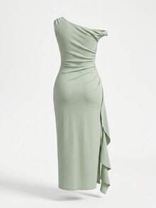 GalTyme Plus Size Women's Asymmetrical Shoulder Ruched Slit Design Casual Party Dress - Green - View 3