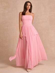 Enchnt Premium Summer Romantic Women's Elegant Pink Pleated Ruffle Spaghetti Strap Dress,Vacation Dress,Luxury Wedding Dress,Graduation Dress,Festival - Baby Pink - View 1
