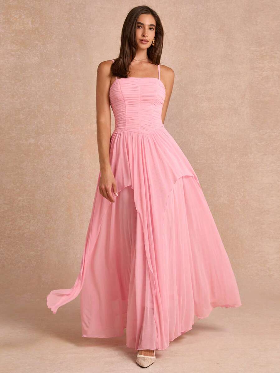 Enchnt Premium Summer Romantic Women's Elegant Pink Pleated Ruffle Spaghetti Strap Dress,Vacation Dress,Luxury Wedding Dress,Graduation Dress,Festival - Baby Pink - View 1