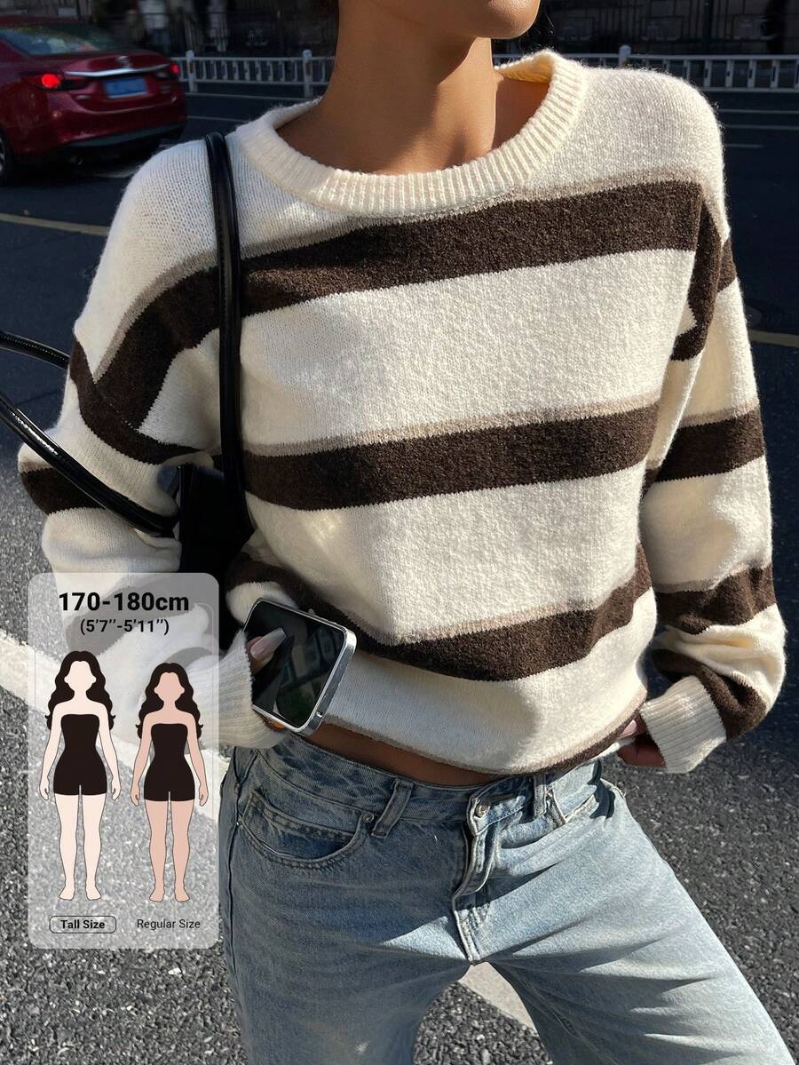 Dazy Tall Women's Round Neck Loose Long Sleeve Striped Pullover Casual Sweater School Fall - Apricot - View 1