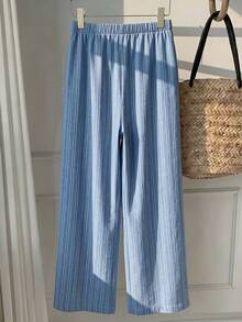 SHEIN EZwear 女款休閒腰部綁帶直筒長褲，適合夏季 - 淺藍色 - 查看 2