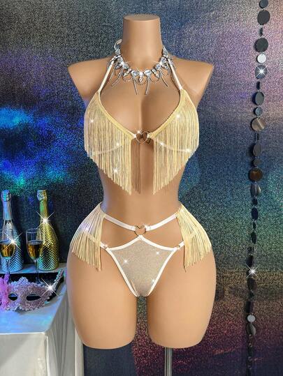 MidnightGlam 2pcs Fashionable Sexy Black Tassel Lingerie Set,Sexy Lingerie For Women,Adult ,Honeymoon,Hot,Date Night,Lingerie,Lace Sexy Lingerie,Sexy Outfit