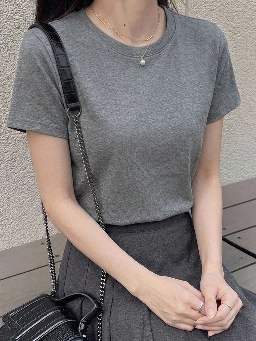 DAZY 女款圓領修身短袖白色基本款T恤，春/夏 - 灰色 - 查看 1