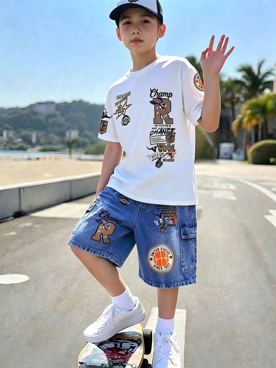 2件組青少年男孩休閒街頭風熊圖案短袖圓領T恤與牛仔風短褲套裝,適合夏季日常休閒穿著、度假海灘假期,夏季兒童服裝套裝 - 彩色 - 查看 1
