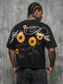 Manfinity ZONE917 Boxy Cropped Street Sunflower Graphic Print Loose Black Short Sleeve T-Shirt, Suitable For Spring/Summer, Gift For Friends Gathering And Spring Outing - Black - View 6