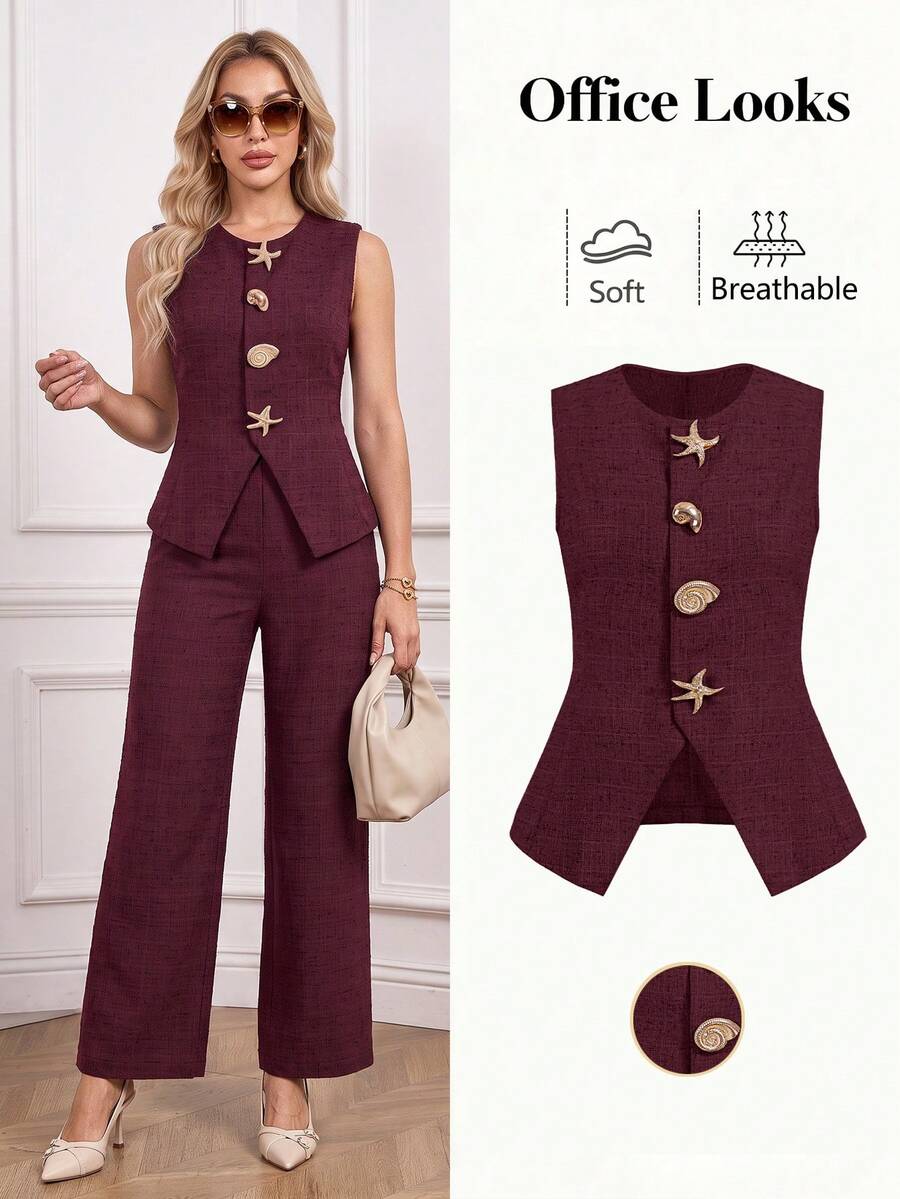 Ellevyn Blusa elegante sin mangas con botones de concha marina y estrella - Granate - Ver 1