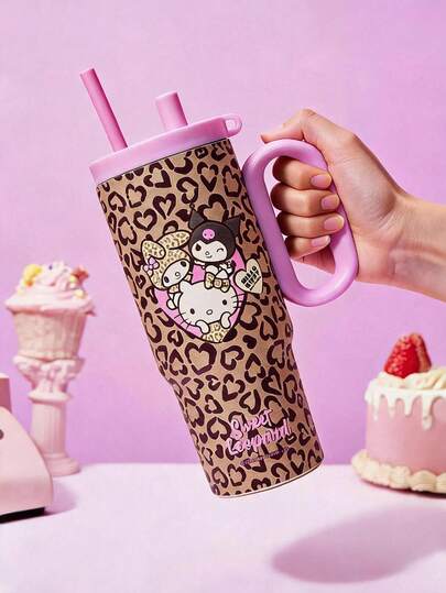 HELLO KITTY AND FRIENDS | POKOJA LAND 豹紋與Hello圖案 24oz 不鏽鋼保溫杯，附手把與吸管，防漏保溫（熱/冷），適合居家、旅行或戶外活動，可愛活力生日或情人節禮物