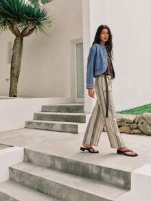 Nöista Multicolour Vertical-Stripe Wide-Leg Trousers With Front Patch Pockets. Everyday Outfits, Casual, College, Day-To-Night, Fall, Autumn, Winter. - Pink - View 7