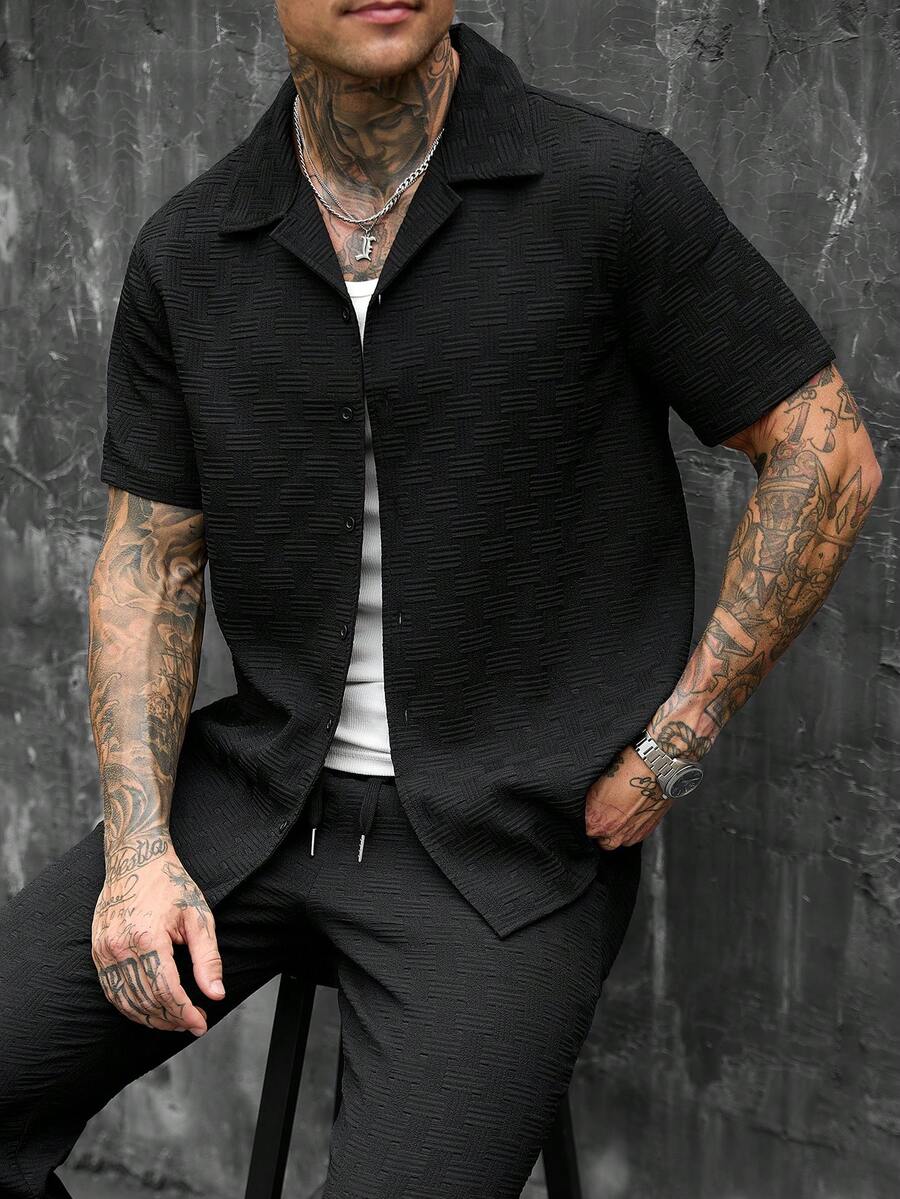SLATEMANN Men's Solid Color Single-Breasted Short Sleeve Shirt And Pants Set - Black - View 1