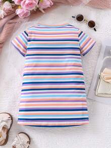 SHEIN Playful Pals 女宝宝夏季卡通独角兽印花条纹圆领短袖休闲二合一T恤连衣裙 - 紫色 - 查看 3